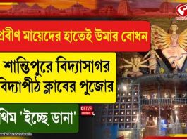 প্রবীণ মায়েদের হাতেই উমার বোধন শান্তিপুরে বিদ্যাসাগর বিদ্যাপীঠ ক্লাবের পুজোর থিম ‘ইচ্ছে ডানা’